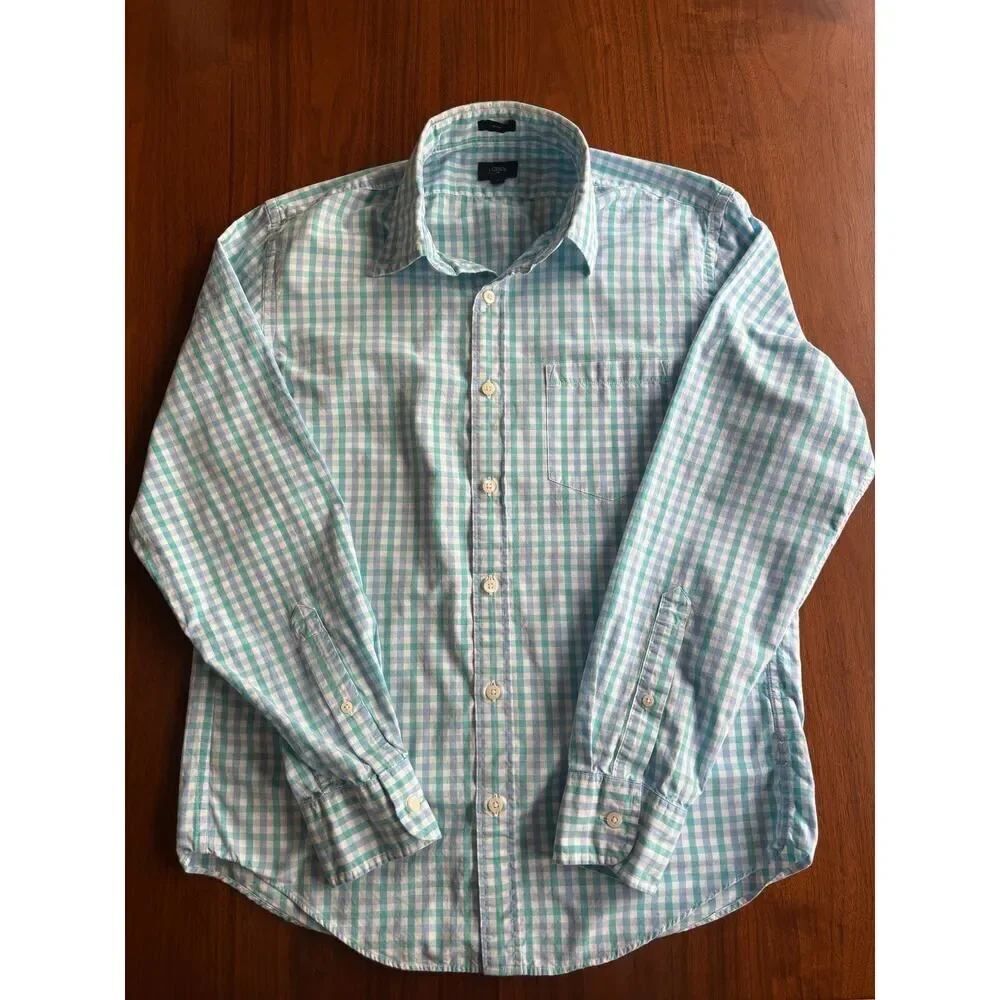 J.Crew Men's Slim Aqua/Blue Gingham Plaid Long Sleeve Button Down Shirt - Size M